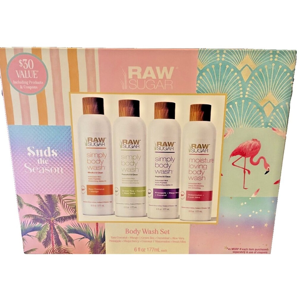 Raw Sugar Body Wash (Four 6oz. bottles) Green Tea, Mango, Watermelon, Pineapple